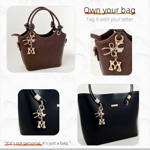 Gold Bubble Heart, Cherry, Bow & More Designs Letter Initial Keychain Bag Charms – Cute Purse Charms for Handbags - color: Bow & Butterfly, style: M