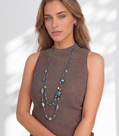 FULU AUTUMN Long Layered Beaded Necklaces for Women Statement Double Bead Strand Ceramic Flower Boho Jewelry Gifts for Mom - color: Navy Blue