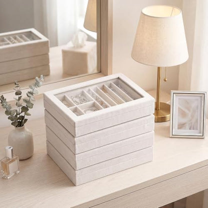 SiliFine Set of 4 Large Stackable Velvet Jewelry Trays with 4 Lids,Beige - color: Beige
