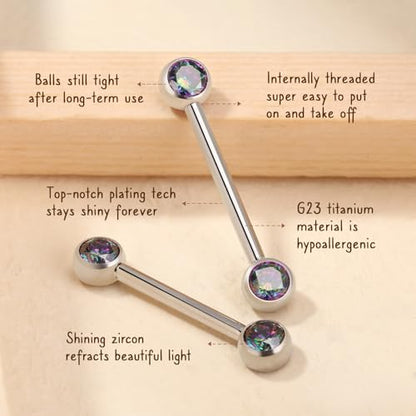 AROWRO Nipple Piercing Jewelry Nipple Rings Titanium Nipple Rings Implant Grade Hypoallergenic 14G Internally Threaded Straight Barbells with Cubic Zirconia Opal Gold Silver Rose Gold Black 12mm 14mm 16mm 18mm 20mm - color: Silver+Vitrail Medium CZ