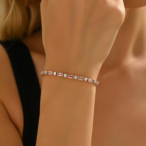 18K Gold Plated Multi-Color Classic Tennis Bracelet for Women Dainty Color 3mm Rainbow Cubic Zirconia Bracelet Adjustable CZ Gold Bracelets Trendy Summer Jewelry Gift - style: Pink-Gold