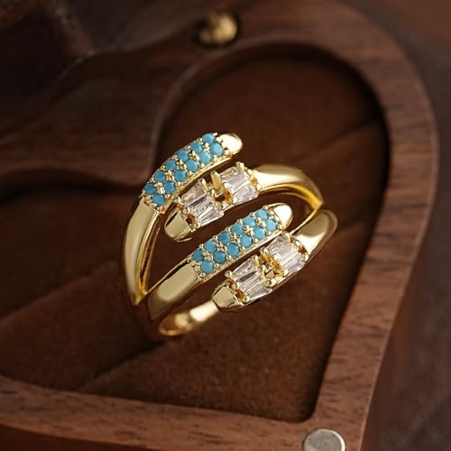 Adjustable 18K Gold Plated Open Bands Engagement Promise Ring for Women,Fashion Wrap Finger Cubic Zirconia Statement Cocktail Jewelry Gift(Blue) - color: blue