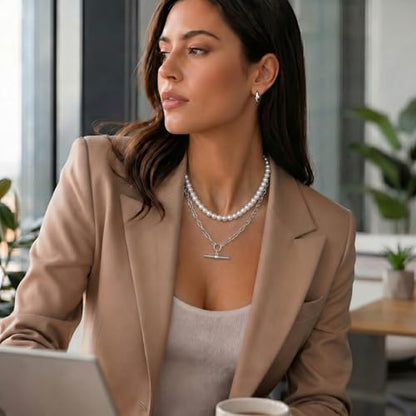 Layered Necklaces for Women Pearl Necklace Stack Gold T Bar Necklace Set Dainty Heart Pendant Jewelry Trendy 2026 Fashion Accessories Gifts - color: B2:2pcs-silver-8mm