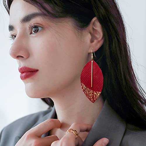 Bohemian Handmade Lightweight Color Large Genuine Soft Leather Fringe Feather Leaf Tear Dangle Drop Earrings for Women Statement - color: 2-Red