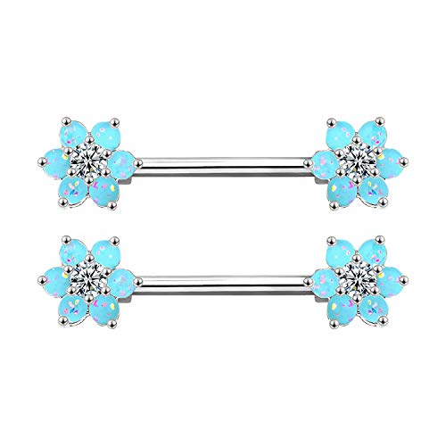 14G Opal Flower CZ Nipple Barbell Nipple Ring Piercing Jewelry for Women - color: blue