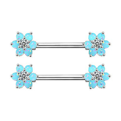 14G Opal Flower CZ Nipple Barbell Nipple Ring Piercing Jewelry for Women - color: blue