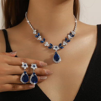 OIDIMS Elegant Teardrop Flower Leaf Wedding Bridal Jewelry Set for Women Ladies Cubic Zirconia Pendant Choker Necklace Drop Dangle Earring Fashion Evening Party Formal Costume Accessories Jewelry - color: Blue