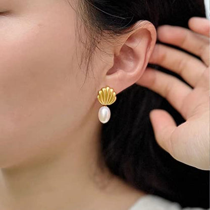 925 Sterling Silver mother shell Pearl Earrings, Women's Shell Freshwater Pearl Dangle Gold Earrings, Hypoallergenic Women's Pearl Earrings Women's Jewelry, Gifts for Mom, Girlfriend, Daughter - style: paerl earrings