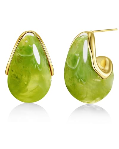 SNGIA Oval C Shape Chunky Dangle 18K Gold Plated Hoops with Colored Resin Gemstone Statement Earrings for Women by SNGIA, (Green, Brown, Blue, Pink, White, Cream), Long Bold Drop Handmade Exaggerated Irregular Trendy Bohemian Jewelry Gifts, Unique Danglin