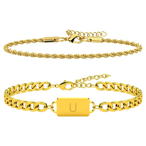 2PCS Initial Letter Stainless Steel Bracelet, A-Z Letter Pendant Silver Gold Black Cuban Rope Link Chain for Men Women Jewelry Set - color: Gold