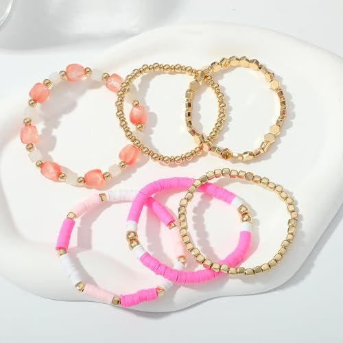 Summer Surfer Heishi Bracelet Set for Women Stackable Gold Plated Clay Ploymer Bead Stretch Pink Beach Layering Bracelets Jewelry - color: B-A7 plastic 6pc