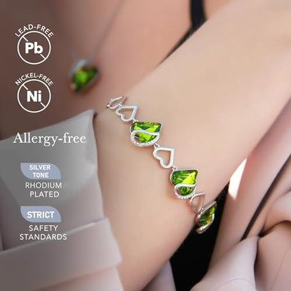 Leafael Infinity Love Heart Gift Bracelet for Women, Birthstone or Healing Stone Crystal, Silver Tone Birthday Jewelry for Her, Mom, and Wife, 7-inch Chain and 2-inch Extender - color: 08-August-Peridot Green