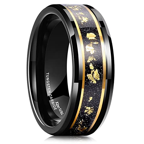 King Will Mens Wedding Band with Foils Inlay, Black/Silver/Gold Beveled Edge Glowstone Ring, 6mm/8mm Tungsten Carbide Rings Comfort Fit - color: Black&Gold Line-8mm