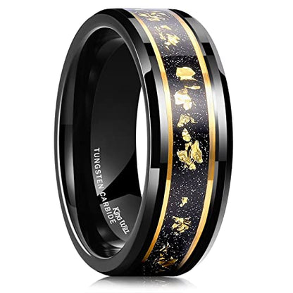 King Will Mens Wedding Band with Foils Inlay, Black/Silver/Gold Beveled Edge Glowstone Ring, 6mm/8mm Tungsten Carbide Rings Comfort Fit - color: Black&Gold Line-8mm