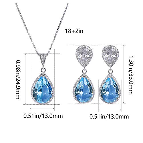 Elegant Jewelry Set for Women Silver Teardrop CZ Drop Earrings and Necklace | Square Teardrop Cubic Zirconia Rhinestone Jewelry Sets Bridal Jewelry Sets for Wedding Bride Bridesmaids Mother of Bride - style: Guardian Angel (Aquamarine)
