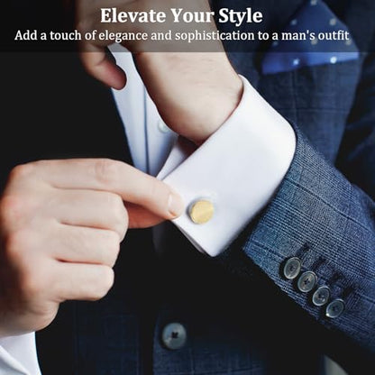 COMNICO 4 Pairs Cufflinks for Men Classic Tone Cuff Links Fashion Men Cufflinks Gold/Sliver Striped Disc Square Rectangle Cuff Links for Business Wedding Party Gift Box - color: round glod silver