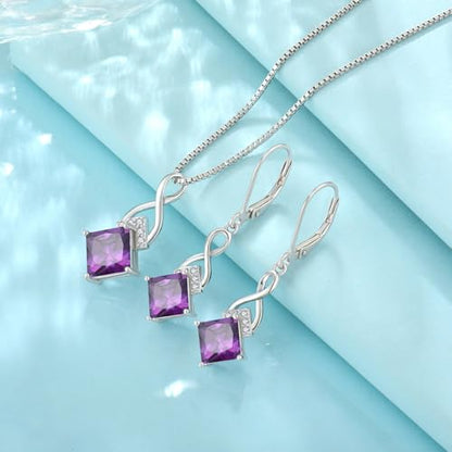 Infinity Necklace 925 Sterling Silver Princess Cut Pendant Birthstone Jewelry for Women - color: Purple