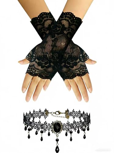Women's Goth Accessories Set - Black Lace Fingerless Gloves and Velvet Choker Necklace for Halloween, Prom, 1920s Party & Gothic Cosplay