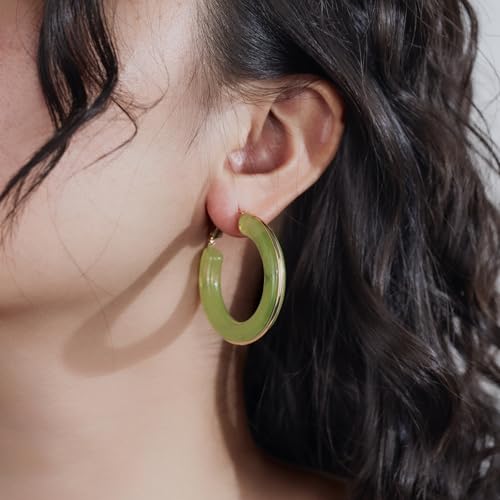 Chunky Gold Resin Hoop Earrings Leverback Statement Huggie Hoops Dangle Drop Dressy Earring Prom Festival Vacation Jewelry for Women - color: Green, size: Hoop
