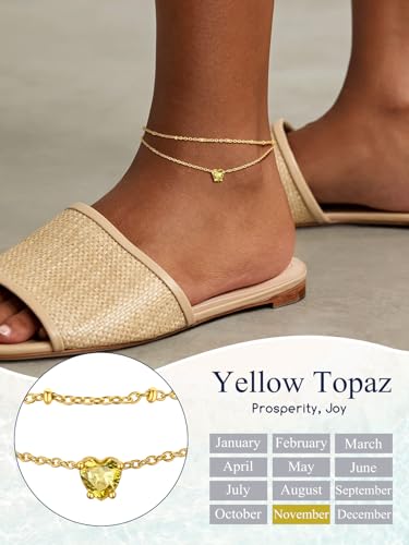 Suplight Gold Plated Butterfly Anklets for Women Waterproof, Layered Boho Ankle Bracelet with Birthstone, Stainless Steel Adjustable Non-Tarnish Heart Foot Jewelry Beach Vacation - color: 11. Heart-Nov. Yellow Topaz
