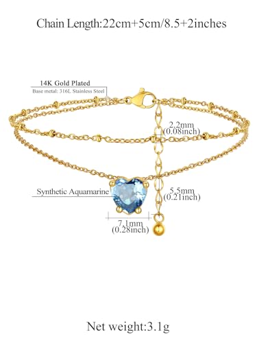 FindChic Bling Heart Birthstone Anklets Layered Beaded Ankle Bracelets for Women Gold/Black/Silver 12 Month Gem Colors Foot Chain Summer Jewelry for Girls, with Gift Box - color: Gold, style: 03. Mar.-Created Aquamarine(Prong Setting)