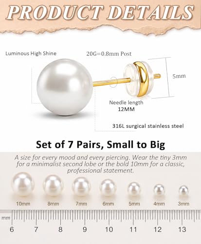 Stainless Steel Stud and Hoop Earrings Sets for Ear Stacks | Choose gold or silver pearl studs, CZ studs, flat backs, butterfly backs, hoops and multi-pair ear stack sets. - color: 7 Pairs 20G Gold-Pearl