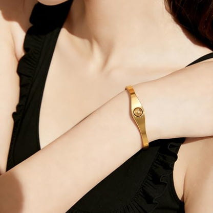 PCY 14K Gold Plated Stainless Steel Oval Bangle Bracelets for Women - 5 Styles Available S/M/L - size: Large