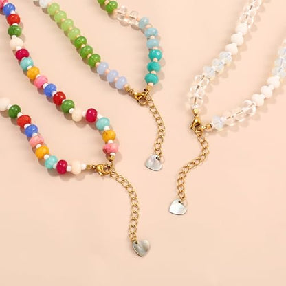Joya Love Colorful Gemstone Beaded Necklaces For Women Trendy Rainbow Natural Stone Boho Handmade Stainless Steel Waterproof Strand Necklaces Jewelry For Women Gift - color: Red Pink