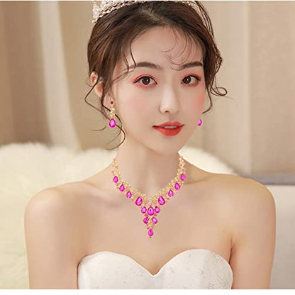 CSY Elegant Crystal Costume Jewelry Sets Flower Bridal Necklace Earrings Stretch Bangle Set for Bride Bridesmaid Wedding Dress Accessories - color: hot pink crystal-gold tone