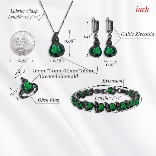 GZWHD Jewelry Set for Women Water Drop Cubic Zirconia Artificial Crystal Earrings Pendant Necklace Open Ring Tennis Bracelet Wedding Anniversary Birthday Engagement Gift for Bridesmaid Wife Girlfriend Friend - color: Black Gun-Green