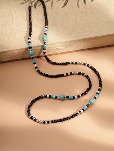 MINACHI Boho Black Turquoise-Tone Seed Bead Southwest Style Necklace | Black seed bead necklace with turquoise-tone resin accents, heishi disk pattern, silver-tone bead details, boho style