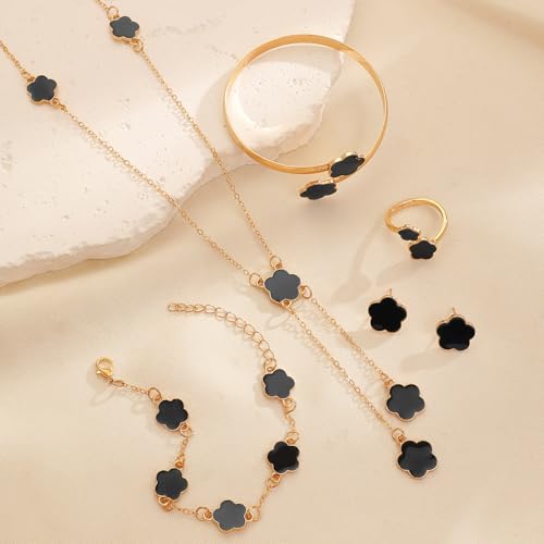 Fashionable Five Leaf Clover Jewelry 18K Gold Plated Bracelet Necklace Ring Studs Earrings Set for Women for Women - color: Black