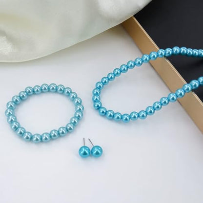 xuzhiyuan 10mm Faux Pearl Jewelry Set for Women, Classic 3-Piece Necklace Bracelet and Earring Set, Hypoallergenic Fashion Jewelry Gift for Mom Wife - color: Blue