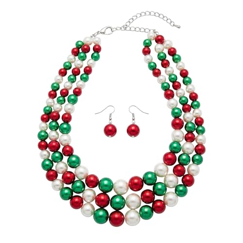Simulated Pearl Necklace & Earring Set, Multi Strand - color: Red + Green