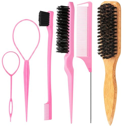 6PCS Hair Styling Tools Kit, Boar Bristle Wooden Brush, Rat Tail Metal Pin Parting Comb Edge Control Brush,Bristle Teasing Hair Brush Topsy Tail Loop Tools for Women Braiding & Edge Styling - color: pink