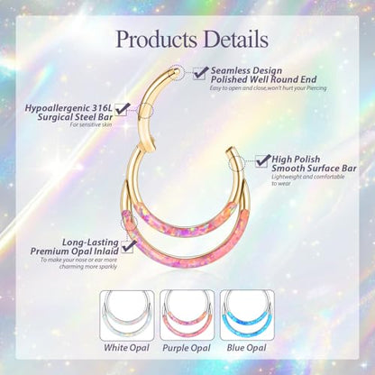 GAGABODY Septum Jewelry 16 Gauge Earrings Double Hoop Daith Earring Surgical Steel Hinged Nose Rings Nose Hoop Helix Tragus Rook Piercing - color: Style6:1pc Gold+Purple Opal Double Hoop