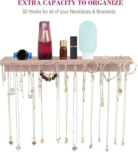 YYILIS Necklace Holder, Upgraded Extra Large Wall Necklace Organizer with 30 Hooks Wall Mounted Necklace Hanger with Jewelry Tray/Cosmetics Shelf Rustic Pine Wood Holder (Pink) | 30 Hooks Wall Mounted Necklace Hanger with Jewelry Tray/Cosmetics Shelf Rust