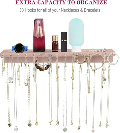 YYILIS Necklace Holder, Upgraded Extra Large Wall Necklace Organizer with 30 Hooks Wall Mounted Necklace Hanger with Jewelry Tray/Cosmetics Shelf Rustic Pine Wood Holder (Pink) | 30 Hooks Wall Mounted Necklace Hanger with Jewelry Tray/Cosmetics Shelf Rust