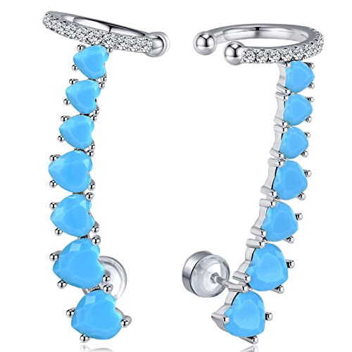 925 Sterling Silver Post Stud Earrings for Women Cartilage Ear Cuffs Hoop Climber 7 Multcolors Cubic Zirconia CZ Hypoallergenic Piercing Gifts For Her - color: Turquoise Silver