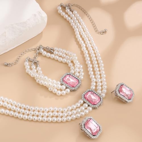 Wekicic Faux Pearl Necklace Earrings Set for Women Crystal Pearl Choker Necklace Bracelet Set 1920s Jewelry for Wedding Party - color: Pink