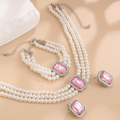 Wekicic Faux Pearl Necklace Earrings Set for Women Crystal Pearl Choker Necklace Bracelet Set 1920s Jewelry for Wedding Party - color: Pink