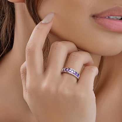 Amethyst Emerald Ruby Sapphire Wedding Band Anniversary Women Rings | 925 Sterling Silve|Hypoallergenic|Standard Size|Ruby|Sapphire|Emerald|Wedding Anniversary Jewelry|Genstone Ring|Holiday Gifts - color: Amethyst