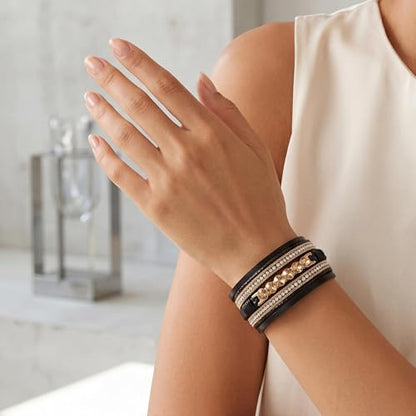 Edoneery Leather Wrap Bracelets for Women, Boho Layered Cuff Bangle | Multi-layer Leather Cuff, Daily wear, Stackable Bangle, Easy on-off, Western Jewelry Gifts for Women - color: Black-7