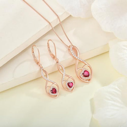Infinity Heart Rose Gold Jewelry Set for Women 925 Sterling Silver Ruby Necklace and Earrings Set July Birthstone Jewelry Gifts