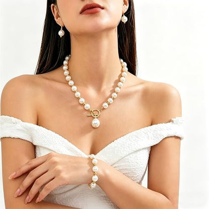 Cryshimmer Pearl Choker Necklace for Women Faux Pearl Beads Strand Necklace Earring Set Costume Jewelry,Gift for Wife Mother - color: Elegant Set