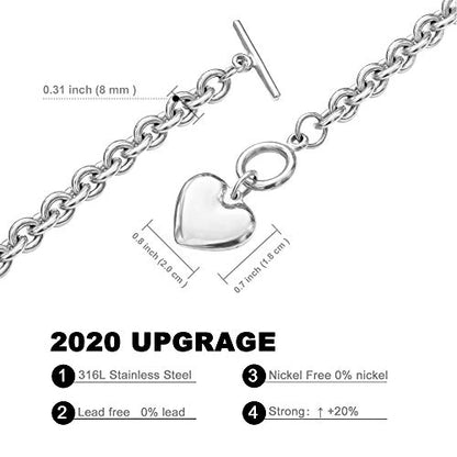 Heart Chain Necklace + Heart Bracelet for Women Girls Hearts Pendant Toggle Charm Jewelry Set Stainless Steel 18K Gold/Rose Gold Silver - color: Silver