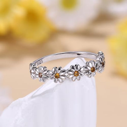 MILACOLATO 925 Sterling Silver Rings for Women Dainty CZ Daisy Flower Ring | 18K White Gold Plated Daisy Promise Ring for Her, Cute Sunflower Wedding Band Statement Engagement Ring, Mothers Jewelry Gift - color: 18K White Gold Plated Daisy Ring - Yellow C