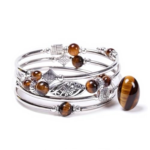 Boho Wrap Beaded Bracelet for Women – Handmade Natural Stone Jewelry – Stainless Steel Adjustable Ethnic Chic Gift - color: Tiger Eye