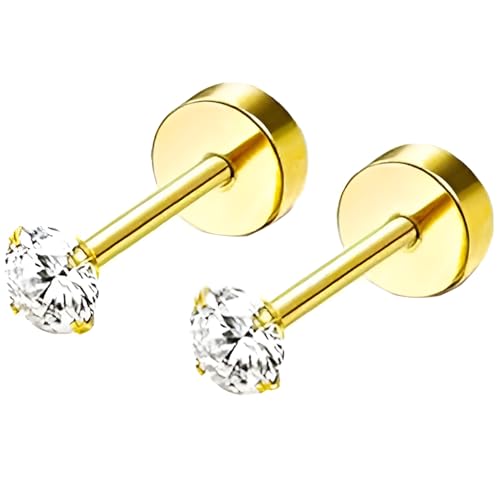 Stainless Steel Stud Earring 1 Pair Gold Flatback Earrings Hypoallergenic Screwback Jewellery Flat Back Helix Jewelry for Sensitive Ears Women Ladies Aretes De Mujer - style: Zircon 3 mm