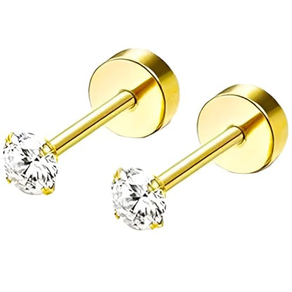 Stainless Steel Stud Earring 1 Pair Gold Flatback Earrings Hypoallergenic Screwback Jewellery Flat Back Helix Jewelry for Sensitive Ears Women Ladies Aretes De Mujer - style: Zircon 3 mm